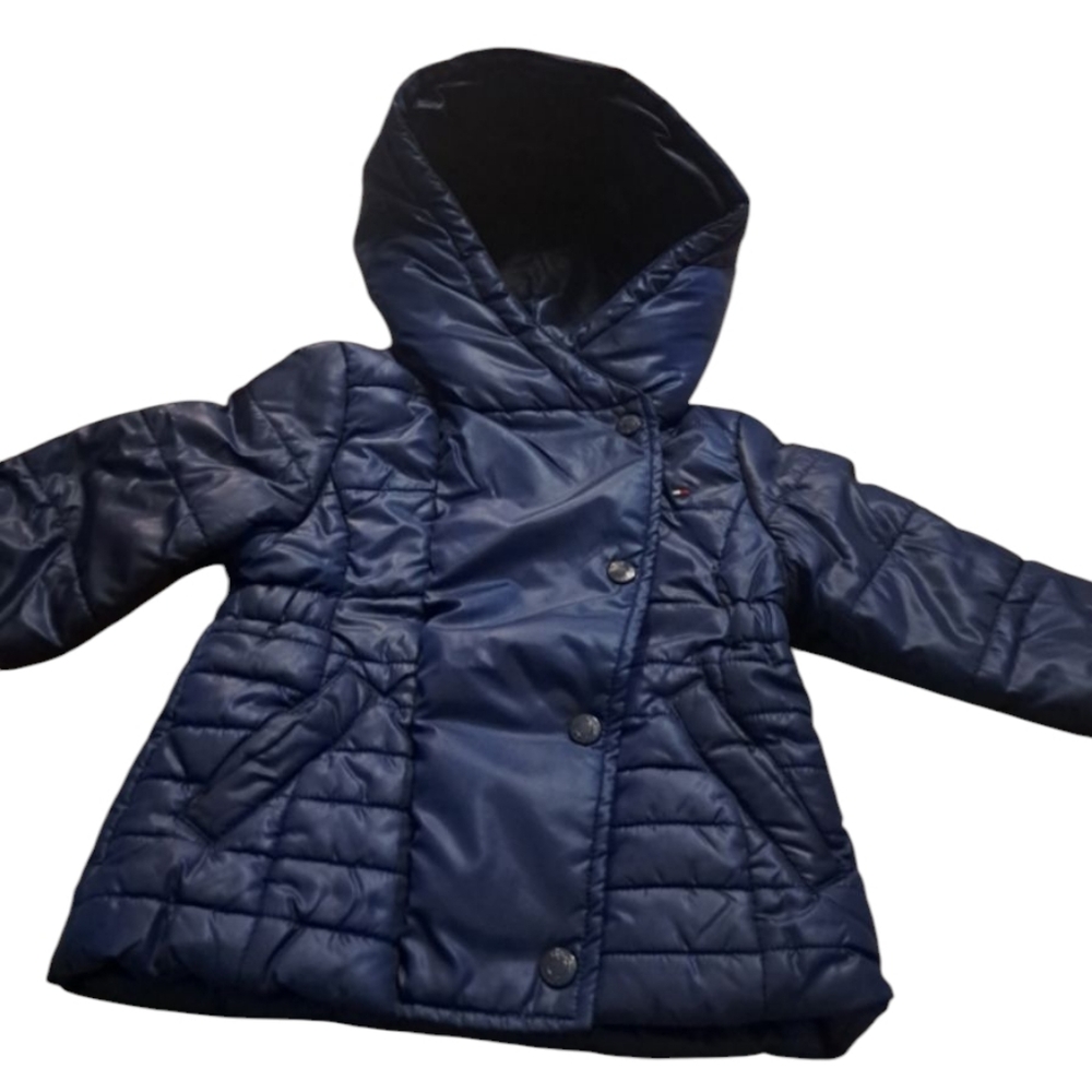 Tommy Hilfiger Navy Blue Puffer Hooded Jacket Button Snaps Zipper Toddler 2T